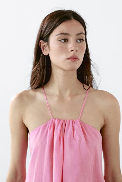 Massimo Dutti Büzgülü halter yaka uzun elbise