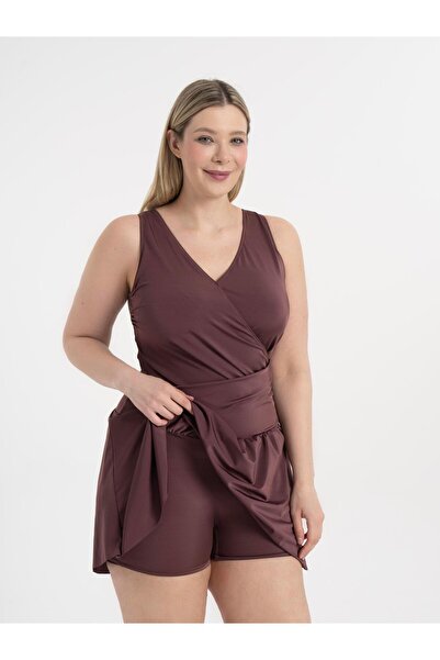 AQUAVİVA Women's Brown Plus Size Dakota Double Breasted Detailed Dress Swimsuit with Shorts