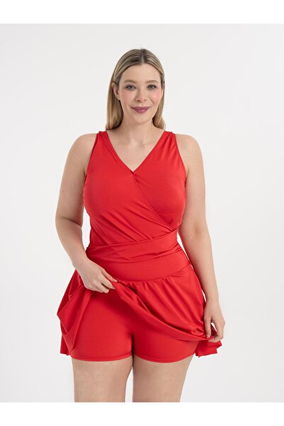 AQUAVİVA Women's Red Plus Size Dakota Double Breasted Detail Shorts Dress Swimsuit