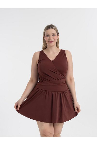 AQUAVİVA Women's Tile Plus Size Dakota Double Breasted Detail with Shorts Dress Swimsuit