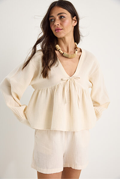 Bianco Lucci Women's V-Neck Lacing Detailed Muslin Blouse 1003 60283051