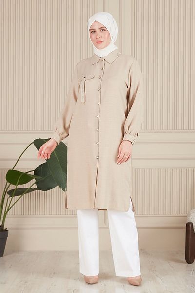 Laden Large Size Women's Linen Mother Seasonal Cream Tunic Long Shirt