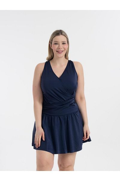 AQUAVİVA Women's Navy Blue Large Size Dakota Double Breasted Detailed Shorts Dress Swimsuit