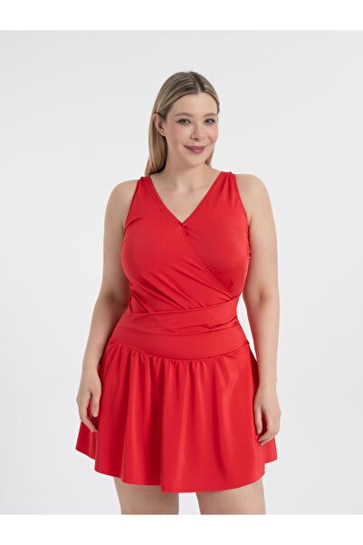 AQUAVİVA Women's Red Plus Size Dakota Double Breasted Detail Shorts Dress Swimsuit