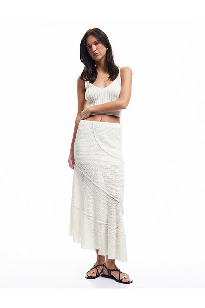 Koton Standard Waist Textured Asymmetrical Cut Midi Skirt