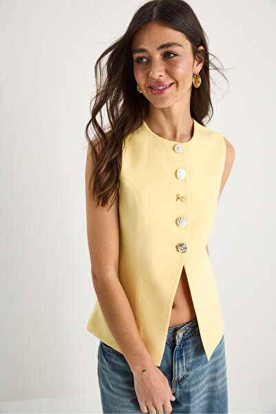 Bianco Lucci Women's Regular Bisilet Collar Gold Button Detailed Lined Woven Vest 9005 60283150