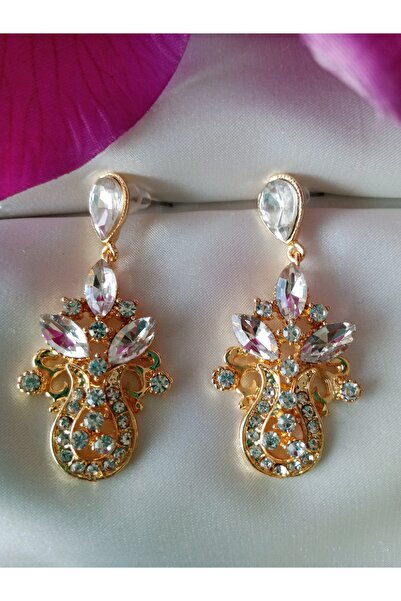 Pervin Ablacım El yapımı beyaz taşlı şık gösterişli sallanan Gold küpe