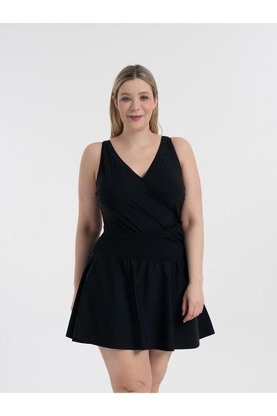 AQUAVİVA Women's Black Plus Size Dakota Double Breasted Detail Shorts Dress Swimsuit