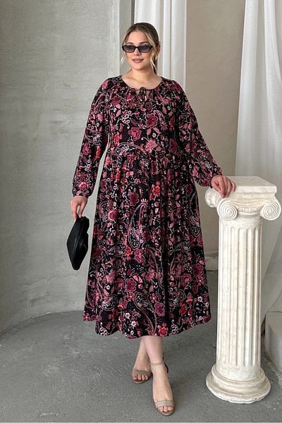 Stil Diva Plus Size Tie Front Print Long Sleeve Midi Dress 615699