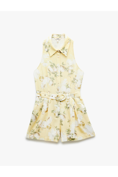 Koton Keten Karışımlı Cepli Kolsuz Gömlek Yaka Kemerli Çiçekli Tulum