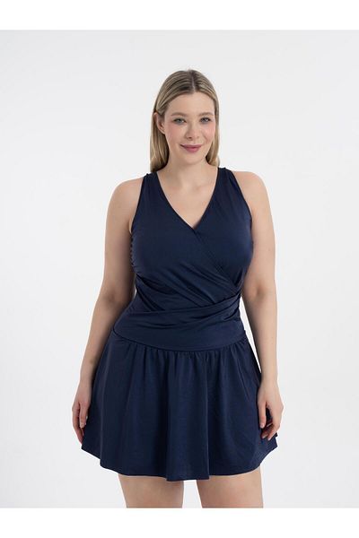 AQUAVİVA Women's Navy Blue Large Size Dakota Double Breasted Detailed Shorts Dress Swimsuit