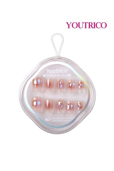 Youtrico 30 Press-on nails,Pink shimmer, 3D diamonds Color gradient,Nail salon