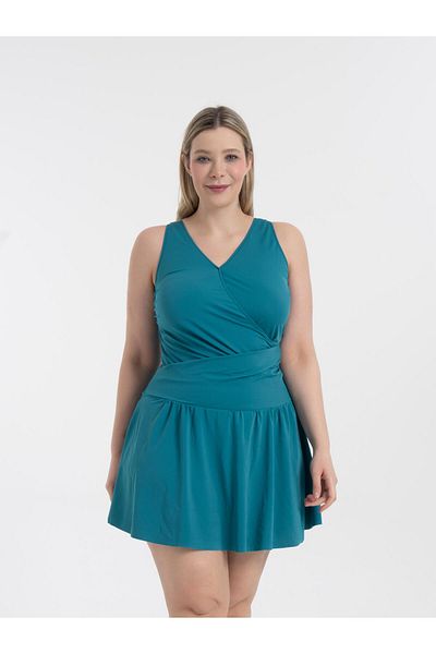 AQUAVİVA Costum de baie pentru femei, verde apă, mărime mare, Dakota, cu detaliu la două piept, cu pantaloni scurți