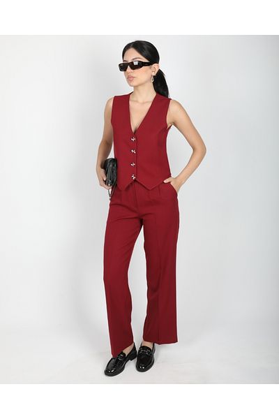 DEQ FASHION Claret Red Women's Bow Buttoned Vest Trousers Double Set