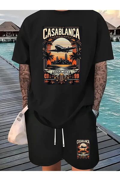 PENTHİLUS Men's 2-Piece Set, Short Sleeve T-Shirt with Casablanca City Print and High Waist Shorts,