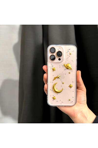 daystar İPhone 11 Uyumlu Altın Yıldız ve Gezegen Figürlü Dayanıklı Şeffaf Telefon Kılıfı