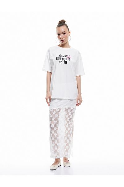 Koton Cotton Short Sleeve Crew Neck Bow Detailed Printed Oversize T-Shirt