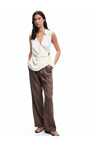 Koton Aerobin Fabric Asymmetrical Accessory Detailed Sleeveless Double Breasted Blouse
