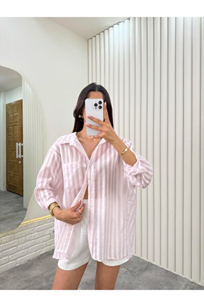 Gaus Pembe Çizgili Pamuk Karışımlı Kumaş Gömlek Gaus00324