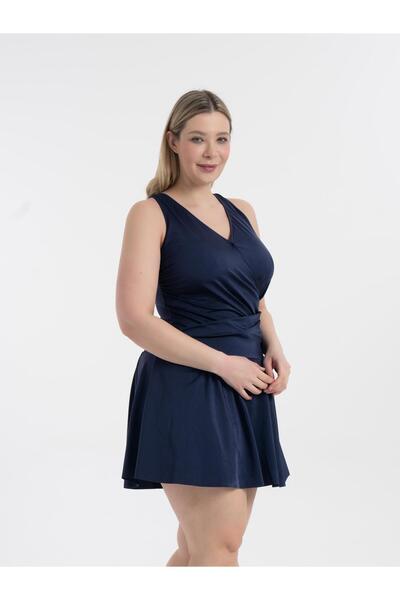 AQUAVİVA Women's Navy Blue Large Size Dakota Double Breasted Detailed Shorts Dress Swimsuit