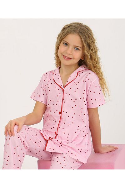 vitmo Girl's Short Sleeve Buttoned 100% Cotton Pajama Set Sera