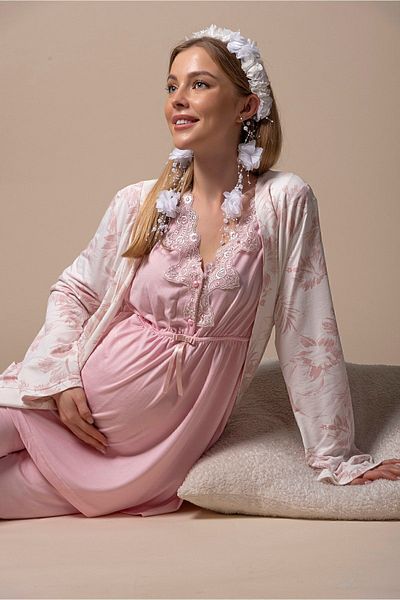Effortt Powder Patterned Maternity Pajamas Set with Dressing Gown