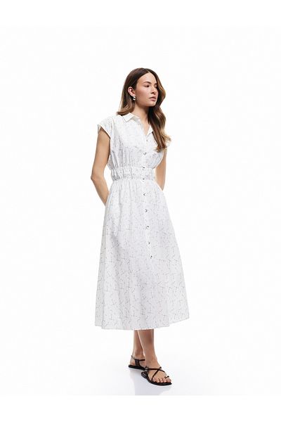 Koton Lined Buttoned Scalloped Pattern Midi Sleeveless Shirt Dress