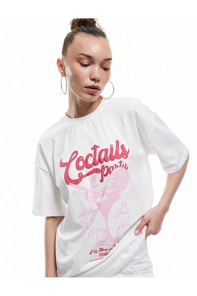 Koton Short Sleeve Crew Neck Cotton Oversize Printed T-Shirt