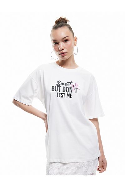 Koton Cotton Short Sleeve Crew Neck Bow Detailed Printed Oversize T-Shirt