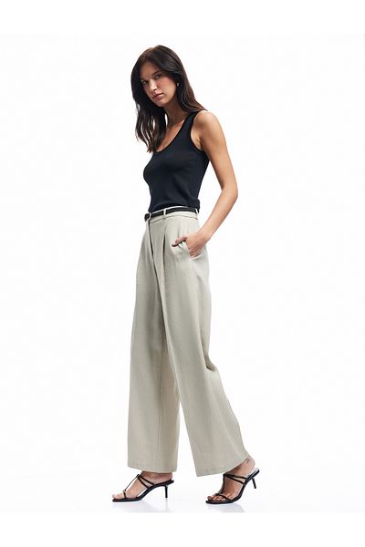 Koton Belted Pocket Straight Wide Leg Linen Trousers