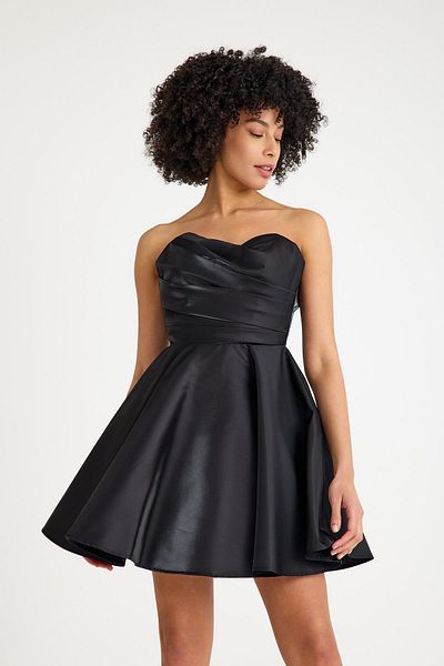 SpringStore Black Pleated Strapless Short Evening Dress
