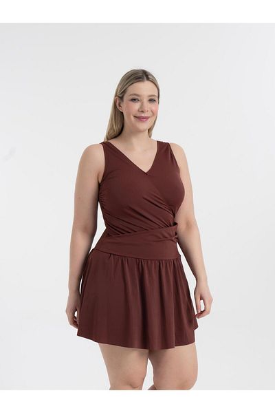 AQUAVİVA Women's Tile Plus Size Dakota Double Breasted Detail with Shorts Dress Swimsuit