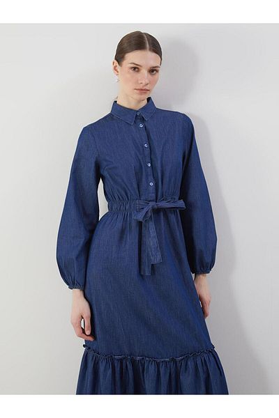 LC Waikiki LCW Modest Indigo πουκάμισο γιακά Γυναικείο τζιν φόρεμα