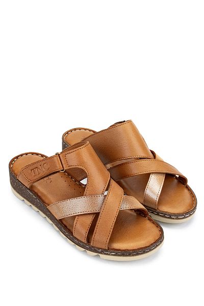 Tamer Tanca Women's Genuine Leather Tan Flat Slippers