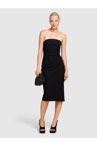 Sisley Stretch Cotton Front Gathered Slim Fit Strapless Dress Women Black Dress - 324P4Orplv05M