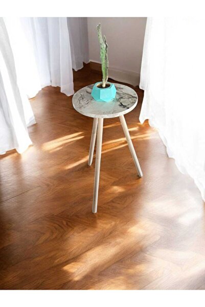 HESA Yüksek Yan Sehpa, Balkon Oturma Odası Sehpası Beyaz Mermer Desenli Sehpa