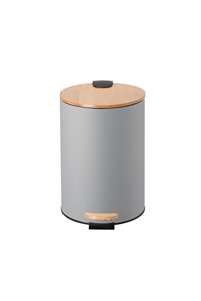 Vadi 12 Lt White Pedal Metal Trash Can - Stylish Kitchen and Bathroom Bucket with Bamboo Lid Gray