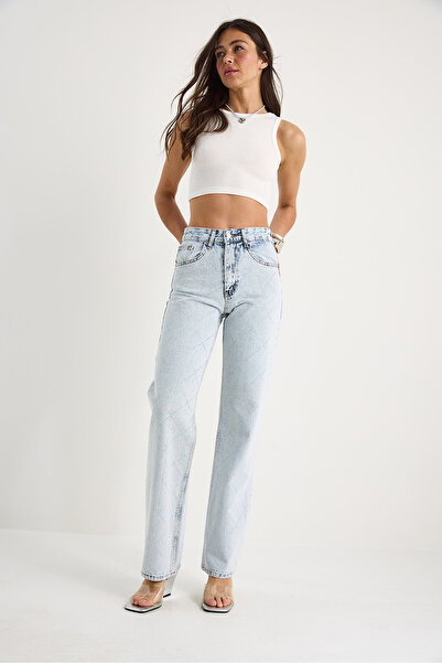Bianco Lucci Pantaloni drepți din denim cu imprimeu digital cu piatră cu model diamant pentru femei 488 60283287
