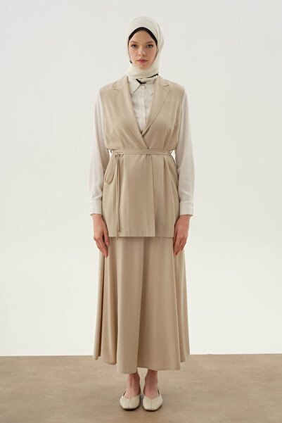 Tuğba Çift Kat Biye Kemerli Yelek - Bej