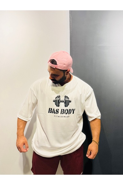 Bas Body FitnessWear Bas Body Logolu Büyük Oversize Düz Beyaz Tişört V Yaşa S...