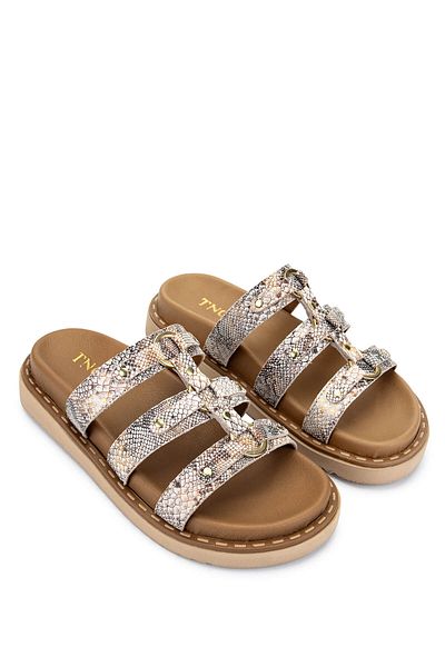 Tamer Tanca Women's Genuine Leather Beige Flat Slippers