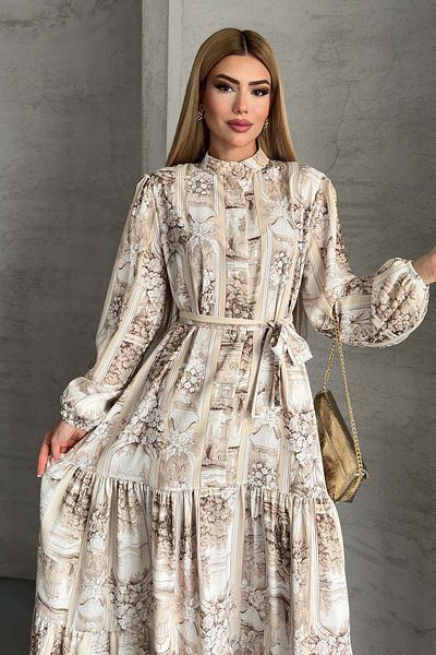 benguen Patterned Hijab Dress Beige 507-1