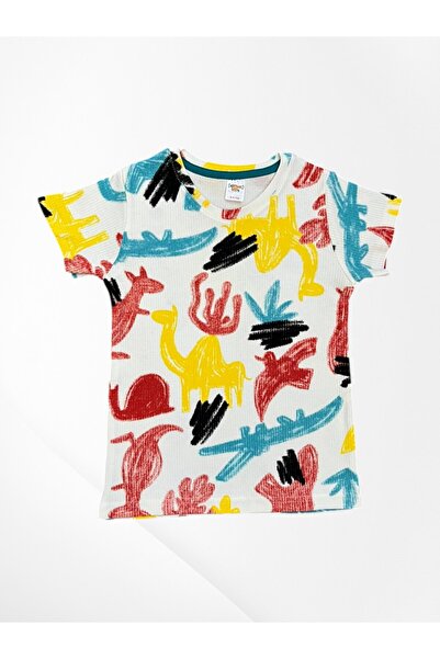 elmas kids Set de pijamale de vară pentru băieți, 100% bumbac, cu model de crocodil, cangur, mânecă scurtă, cu pantaloni scurți, alb