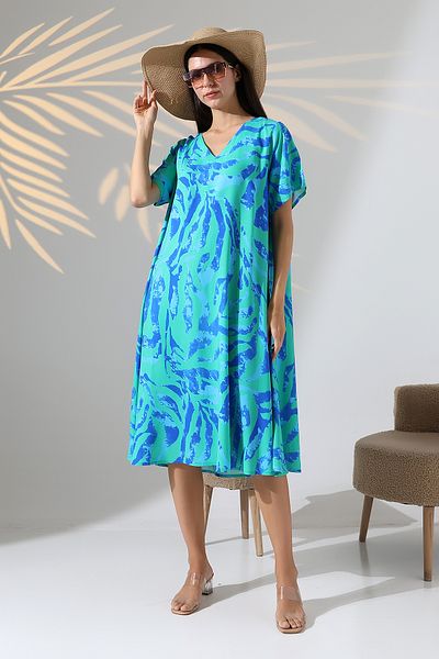 LİKAPA Likapa Summer Large Size Viscose V-Neck Short Sleeve Dress 2688