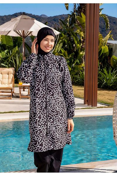 Mayom Quick Dry Parachute Fabric Patterned Hijab Swimsuit - 2536