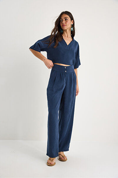 Bianco Lucci Bluză de damă cu decolteu în V cu pantaloni cu talie înaltă Costum modal de jos-sus 9330 60281052