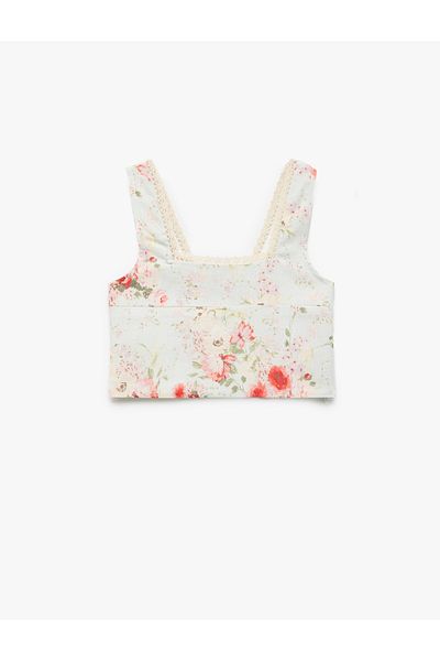 Koton Square Neck Viscose and Linen Blended Gimped Floral Crop Blouse