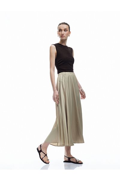 Koton Flared Pleated Satin Bell Skirt with Elastic Waist Detail