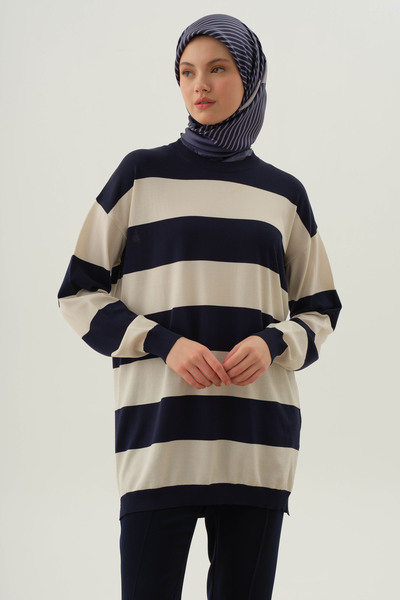 Tuğba Kalın Çizgili Triko Tunik - Ekru