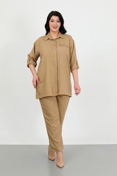 By Alba Collection Women's Mink Soft Linen Trousers Shirt Large Size Two Piece Set